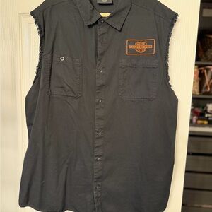 Harley-Davidson Black Sleeveless Button-Down Shirt with Orange Patch